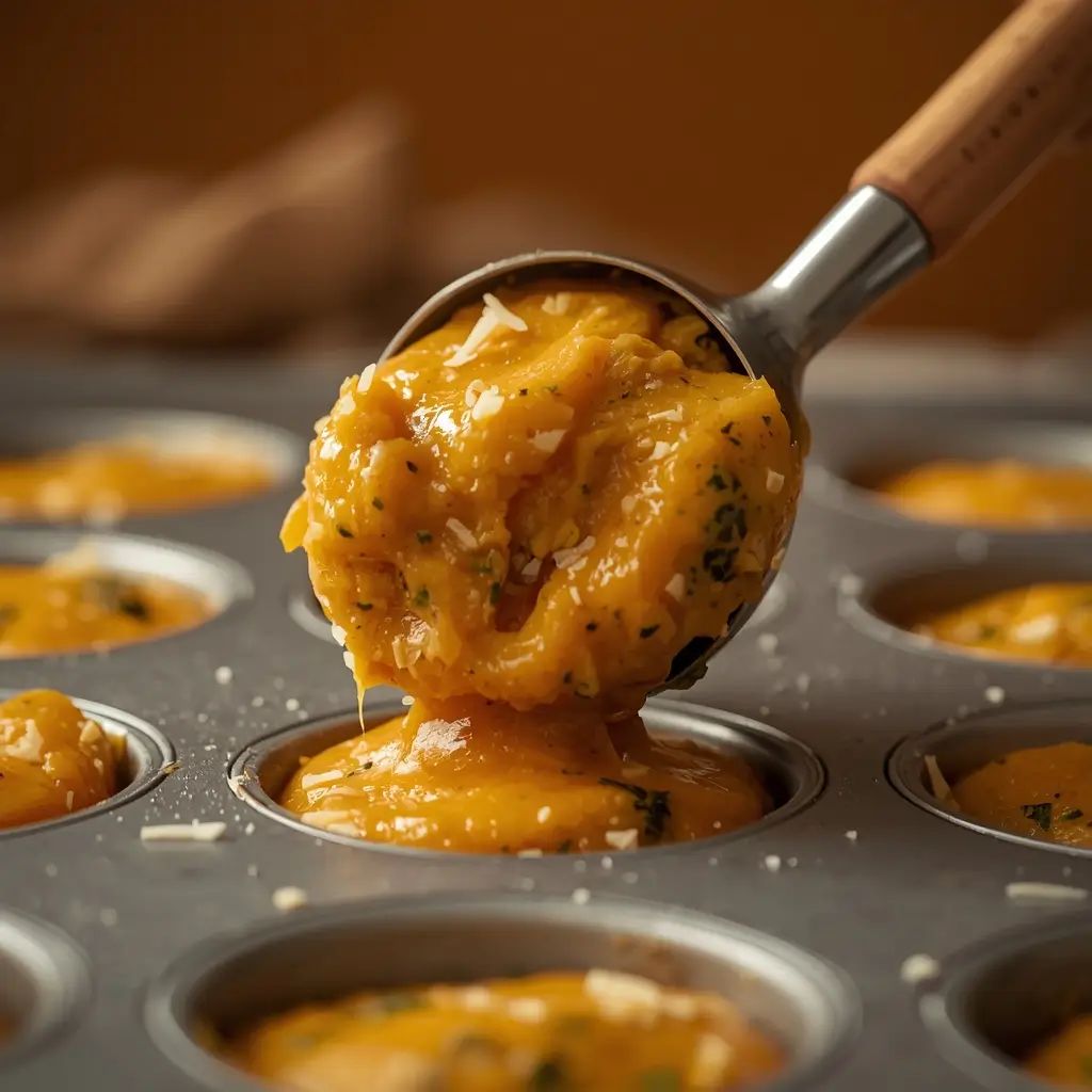 Savory pumpkin muffin batter being scooped into a muffin tin with an ice cream scoop, showing orange batter with herbs and cheese