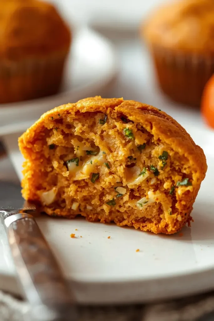 Cross-section of a savory pumpkin muffin split in half showing fluffy golden crumb with melted cheese and herbs on a white plate