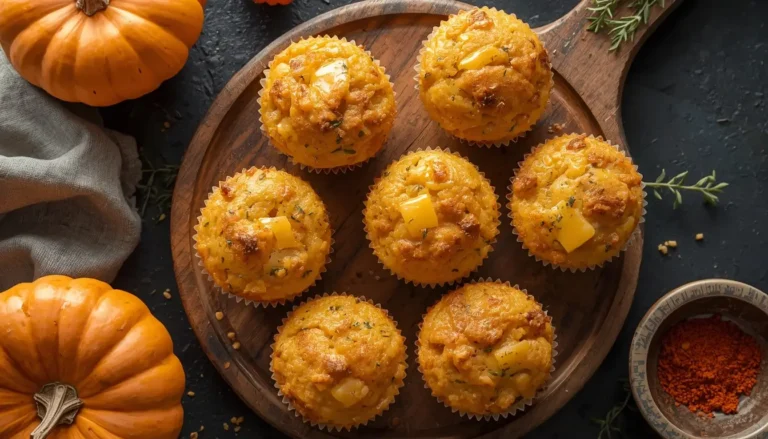 Savory pumpkin muffins with cheddar cheese on a rustic wooden board with fresh thyme and spices