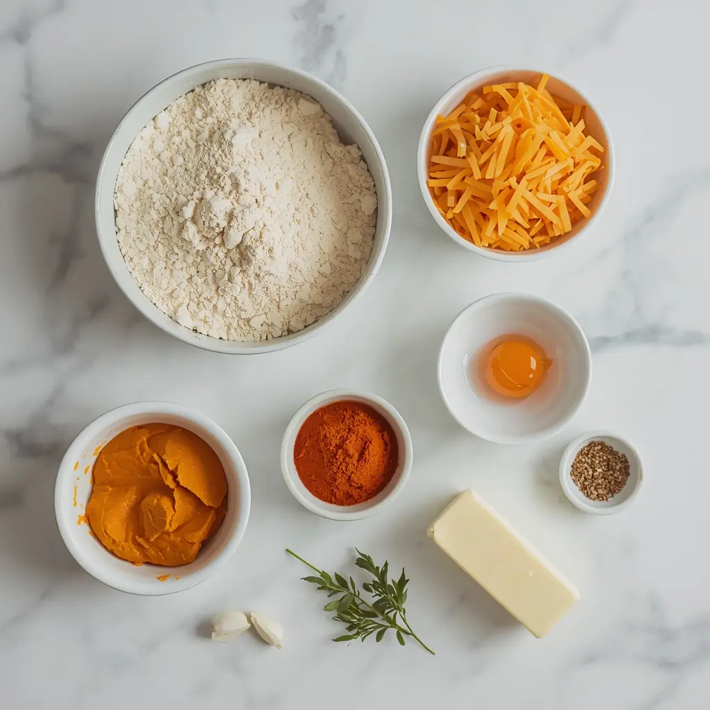 Ingredients for savory pumpkin muffins with almond flour including eggs, pumpkin puree, cheddar cheese, and spices on a marble surface