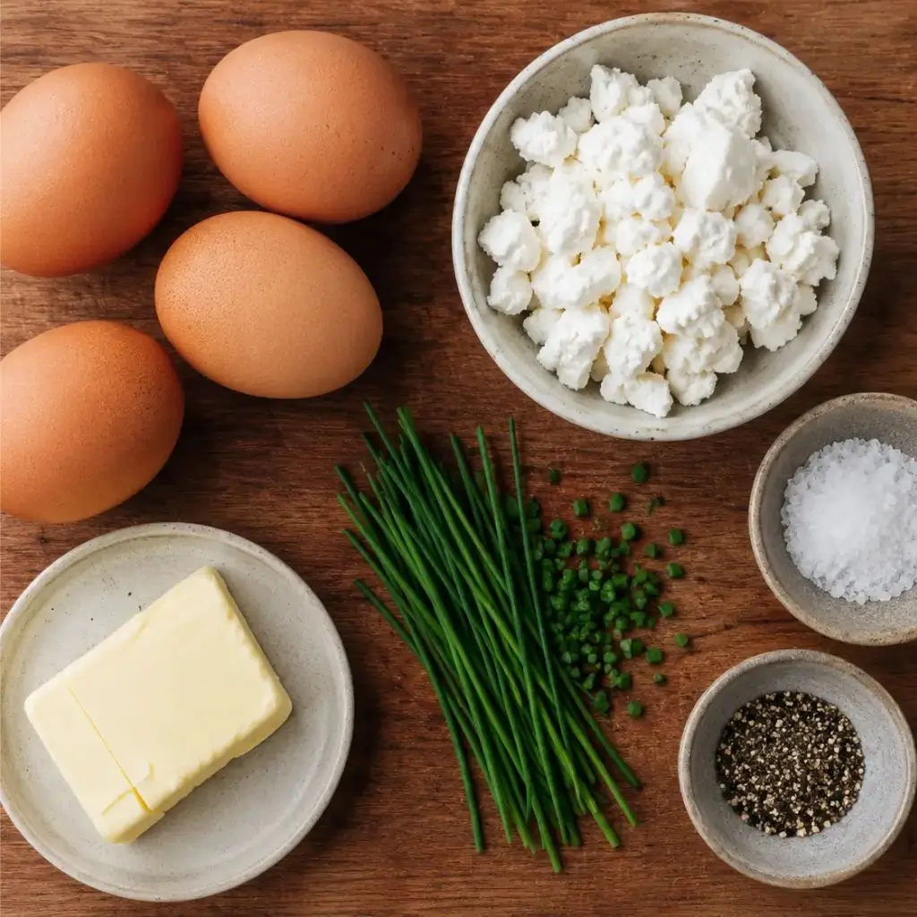 Fresh ingredients for scrambled eggs with goat cheese including eggs, chevre, butter, and chives