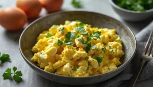 Keto Scrambled Eggs with Goat Cheese Creamy scrambled eggs with goat cheese garnished with fresh chives on a white plate