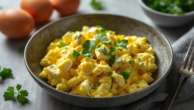 Creamy scrambled eggs with goat cheese garnished with fresh chives on a white plate