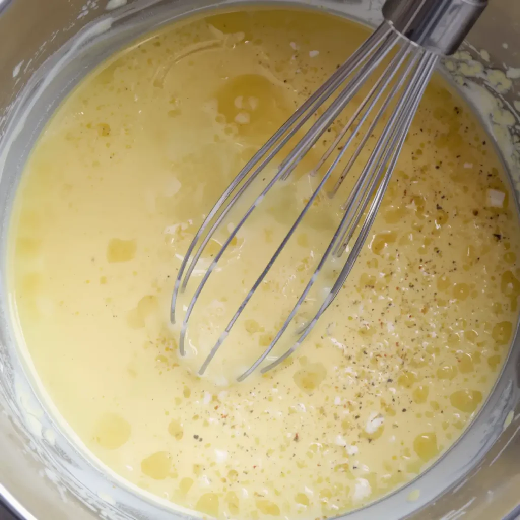 Pouring whisked egg mixture over vegetables on a sheet pan for baking