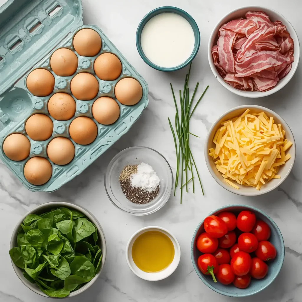 Fresh ingredients for a sheet pan eggs recipe including eggs, vegetables, and cheese
