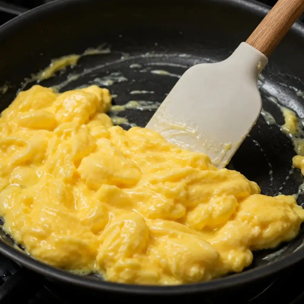 Silicone spatula gently folding soft scrambled eggs in a non-stick pan over low heat