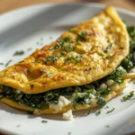 Golden spinach and feta omelet folded on a white plate with fresh herbs