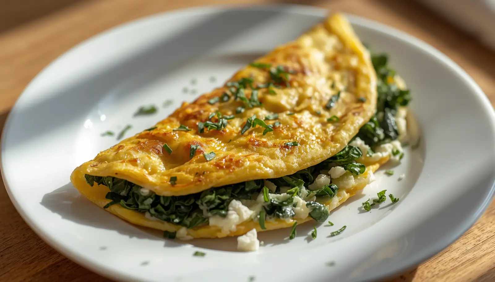 Spinach and Feta Omelet 1 Golden spinach and feta omelet folded on a white plate with fresh herbs