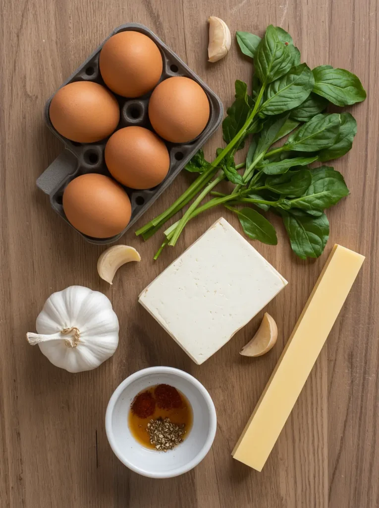 Spinach and Feta Omelet 2 Fresh ingredients for a spinach and feta omelet including eggs, baby spinach, feta cheese, garlic, and butter