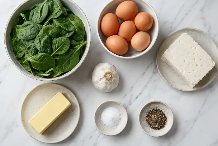 Fresh ingredients for a spinach and feta omelet including eggs, baby spinach, feta cheese, garlic, and butter