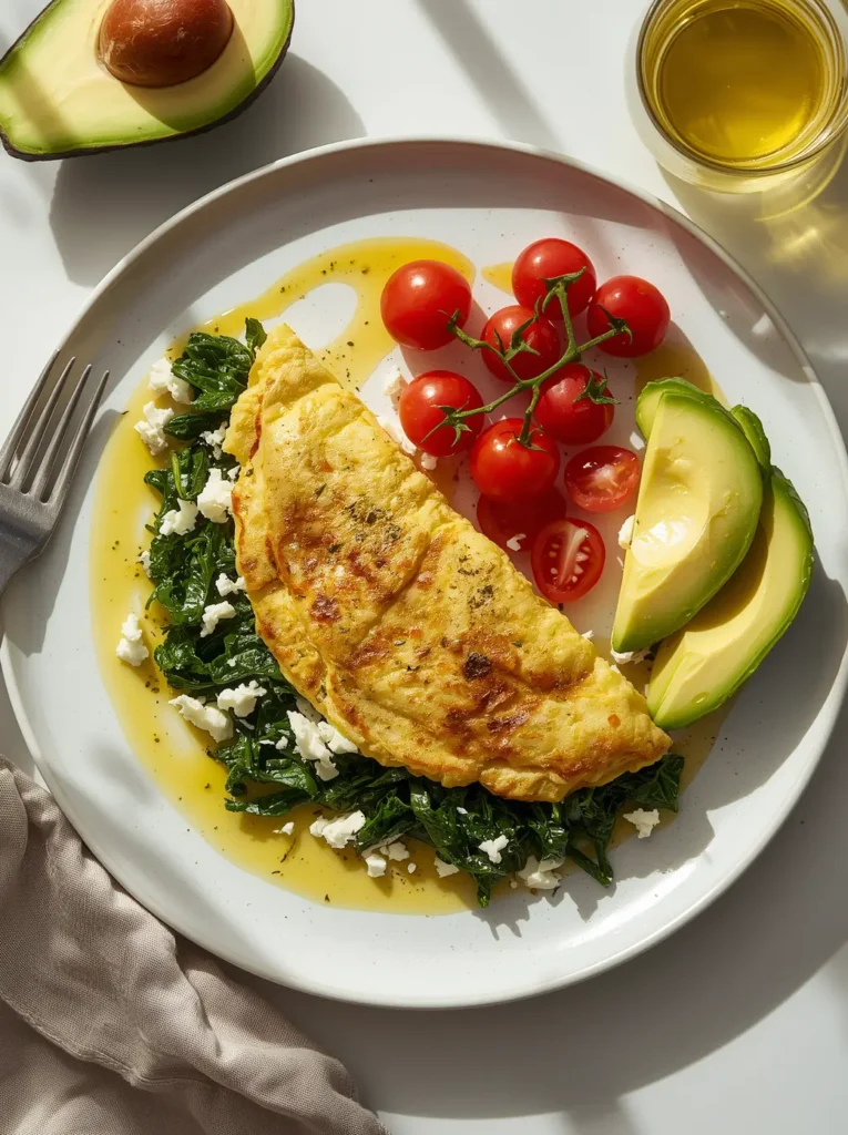 Spinach and Feta Omelet 4 Spinach and feta omelet served on a keto plate with avocado, cherry tomatoes, and olive oil drizzle