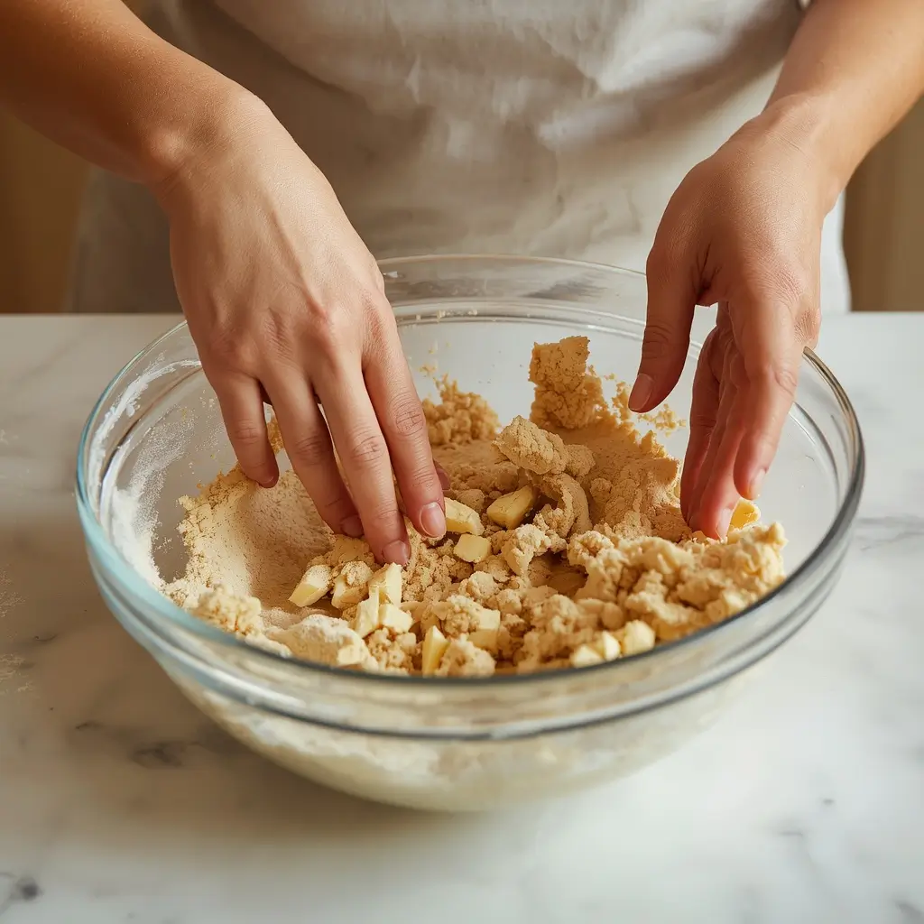 Hands pressing almond flour shortbread cookie dough together in a mixing bowl showing crumbly keto-friendly texture