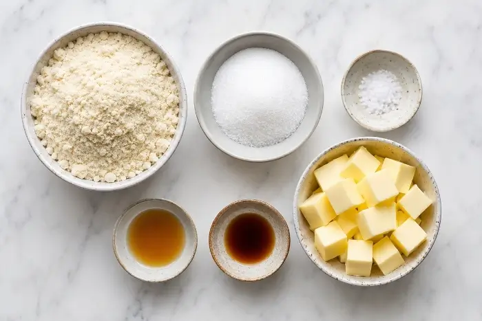 Ingredients for almond flour shortbread cookie recipe including blanched almond flour, erythritol, butter, and vanilla extract