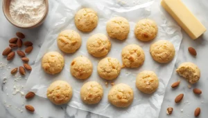 Almond flour shortbread cookies arranged on parchment paper with almond flour and butter on a marble surface