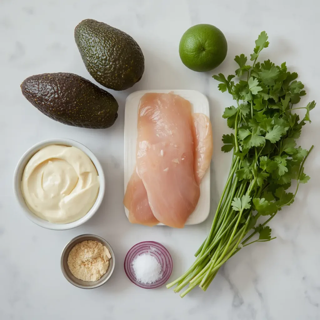 Chicken Avocado Salad 2 Ingredients for avocado chicken salad laid out on a marble surface including avocados, chicken breast, lime, red onion, mayo, and cilantro