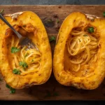 Baked spaghetti squash cut in half with fork-shredded strands on a wooden board