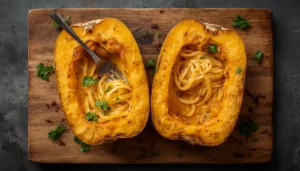 Baked Spaghetti Squash Baked spaghetti squash cut in half with fork-shredded strands on a wooden board