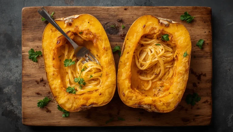 Baked spaghetti squash cut in half with fork-shredded strands on a wooden board