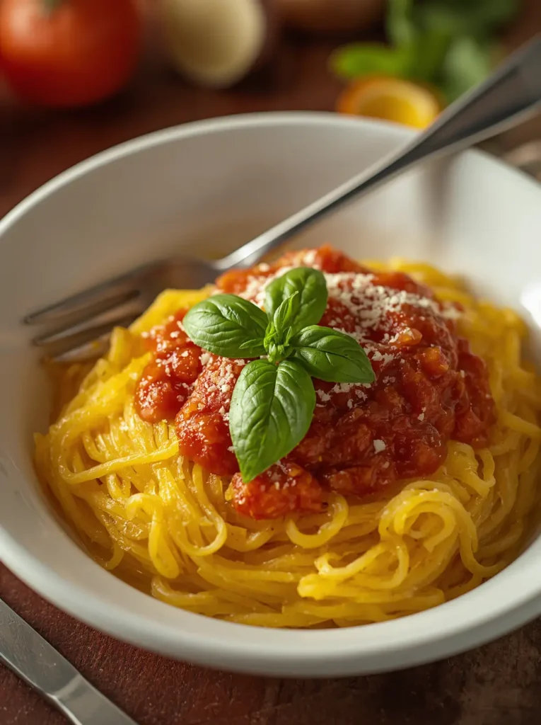 Baked Spaghetti Squash 4 A bowl of baked spaghetti squash strands topped with keto marinara sauce and fresh basil, served as a low-carb pasta dinner