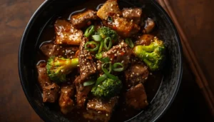 Beef and Broccoli Stir Fry Beef and broccoli stir fry served in a black bowl with sesame seeds and green onions