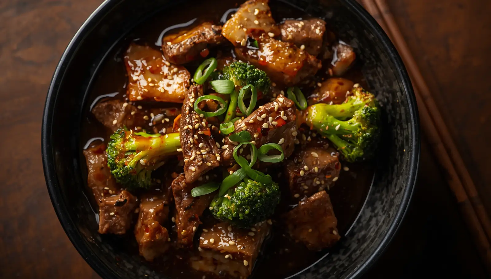 Beef and Broccoli Stir Fry 1 Beef and broccoli stir fry served in a black bowl with sesame seeds and green onions