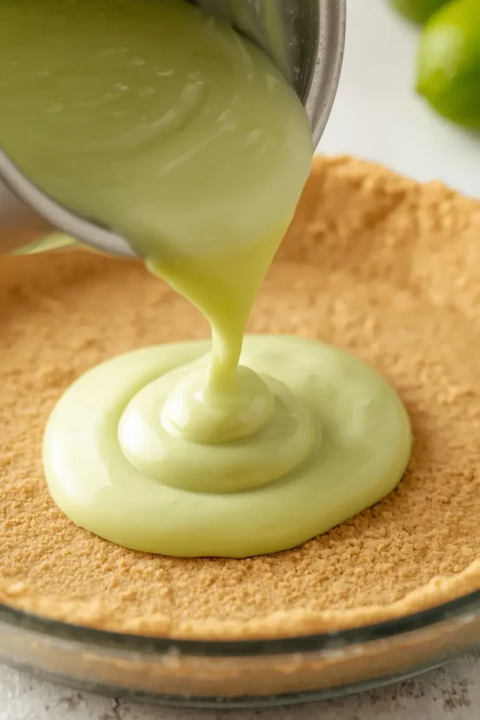 Pouring creamy filling into the crust to make the best keto key lime pie