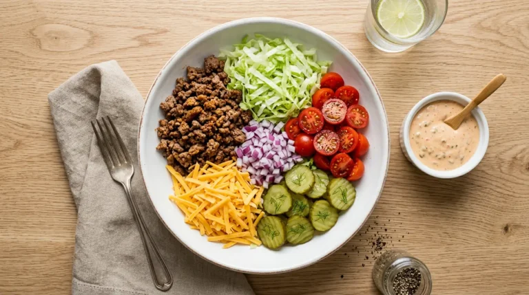 Big mac salad bowl with seasoned beef, cheddar, pickles, tomatoes, and special sauce on a white ceramic plate