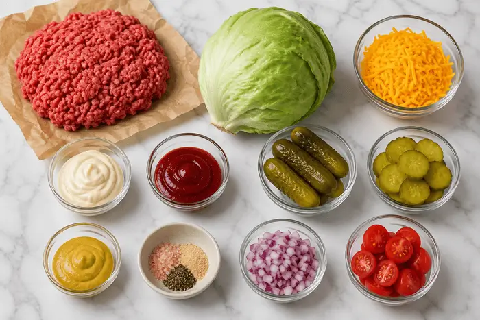 Big Mac Salad 2 Flat lay of big mac salad recipe ingredients including ground beef, iceberg lettuce, cheddar cheese, pickles, tomatoes, and special sauce components