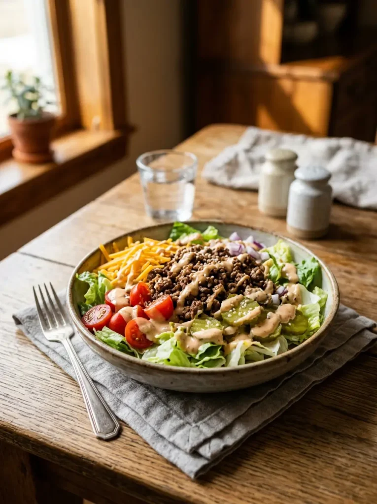 Big Mac Salad 4 Fully assembled big mac salad bowl served on a wooden table with special sauce drizzle, shredded cheddar, beef, and fresh vegetables