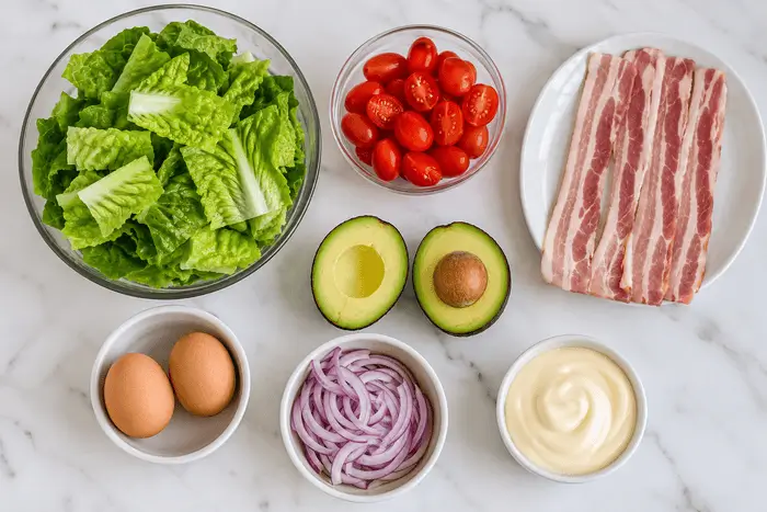 Fresh ingredients for a BLT keto salad including bacon, avocado, romaine, tomatoes, and eggs arranged on marble