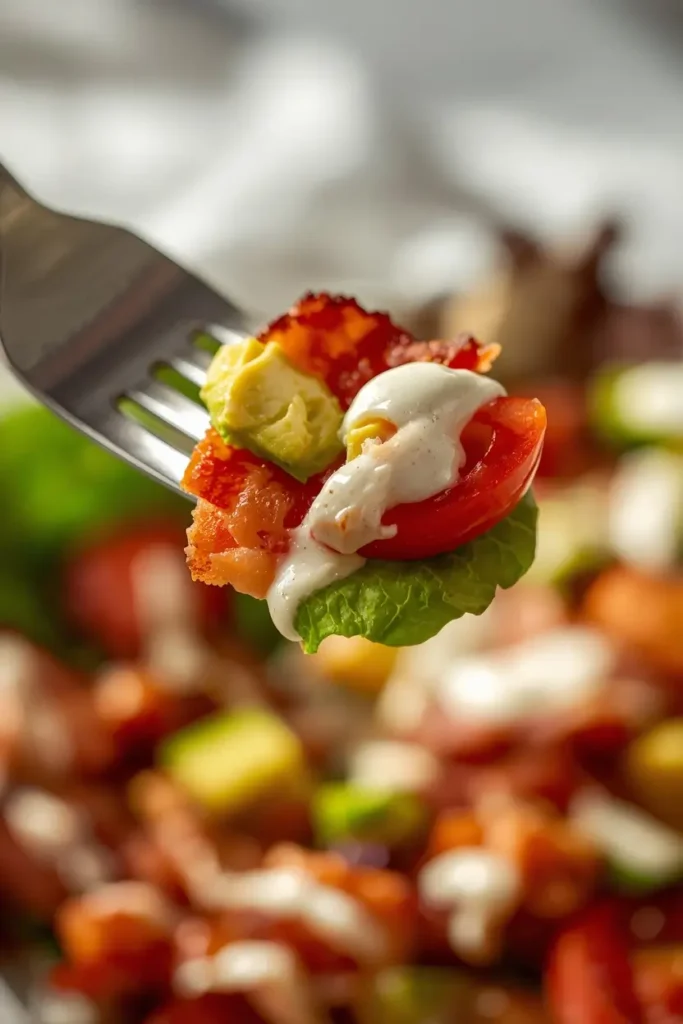 Close-up of a fork with a bite of BLT salad with avocado, bacon, and creamy dressing
