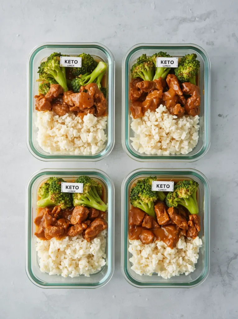 Beef and Broccoli Stir Fry 4 Four meal prep containers filled with broccoli and beef stir fry and cauliflower rice for keto lunches
