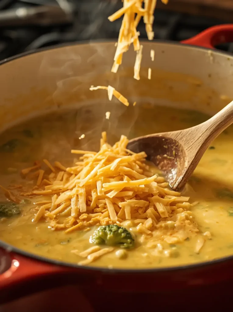 Keto Broccoli Cheese Soup 3 Shredded cheddar cheese being stirred into a pot of broccoli cheese soup recipe on the stovetop