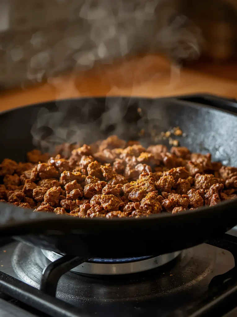 Keto Taco Salad with Ground Beef 3 Seasoned ground beef browning in a cast iron skillet for keto taco salad with ground beef
