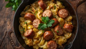 Cabbage and Sausage Skillet Cabbage and sausage skillet cooked in a cast iron pan and garnished with fresh parsley