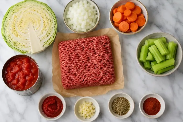 Cabbage Soup with Hamburger 2 Fresh ingredients for cabbage soup with hamburger recipe laid out on a marble surface