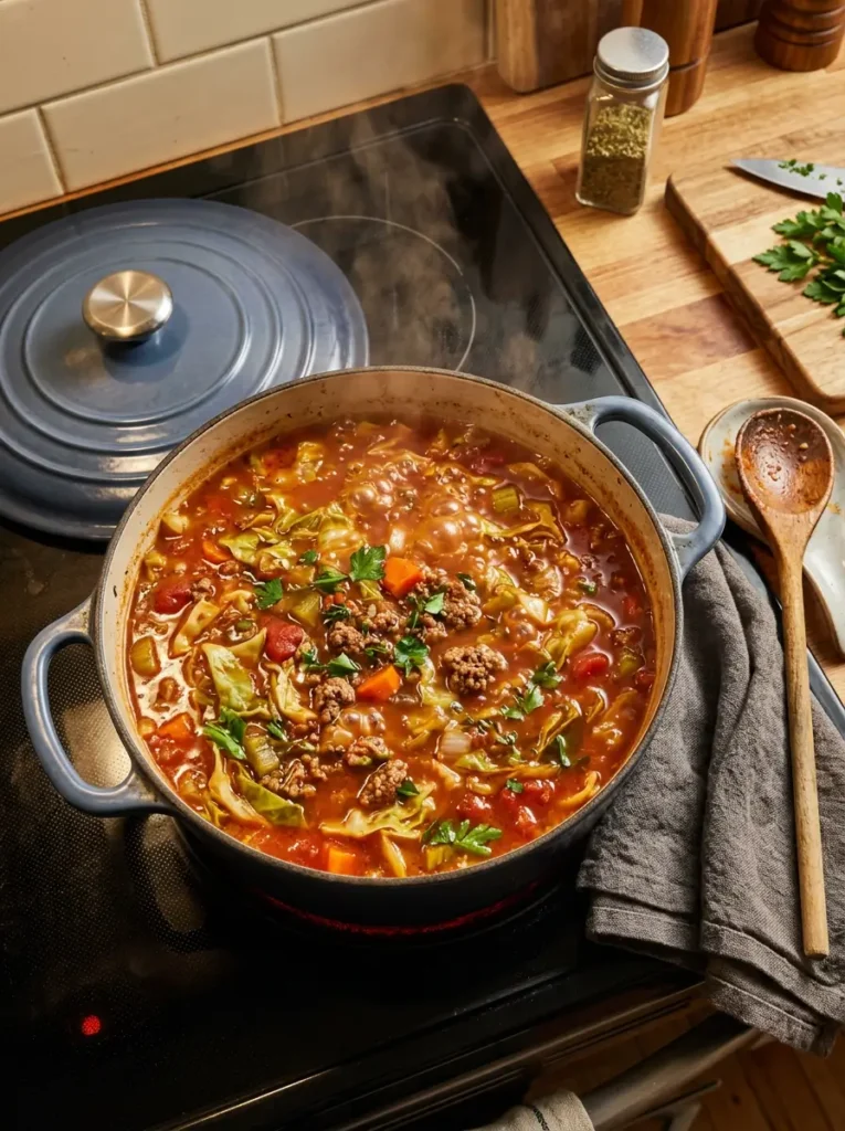 Cabbage Soup with Hamburger 4 Large Dutch oven with cabbage soup with hamburger simmering on the stovetop