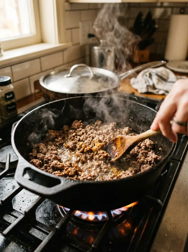 Cabbage Soup with Hamburger 3 Browning ground beef in a Dutch oven for cabbage soup with hamburger