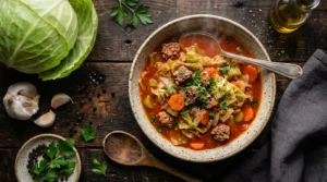 Cabbage Soup with Hamburger Cabbage soup with hamburger in a rustic ceramic bowl garnished with fresh parsley