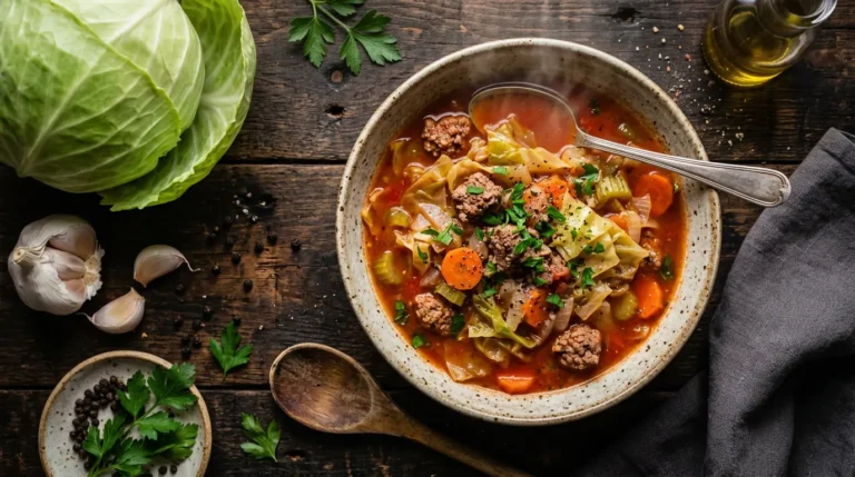 Cabbage soup with hamburger in a rustic ceramic bowl garnished with fresh parsley