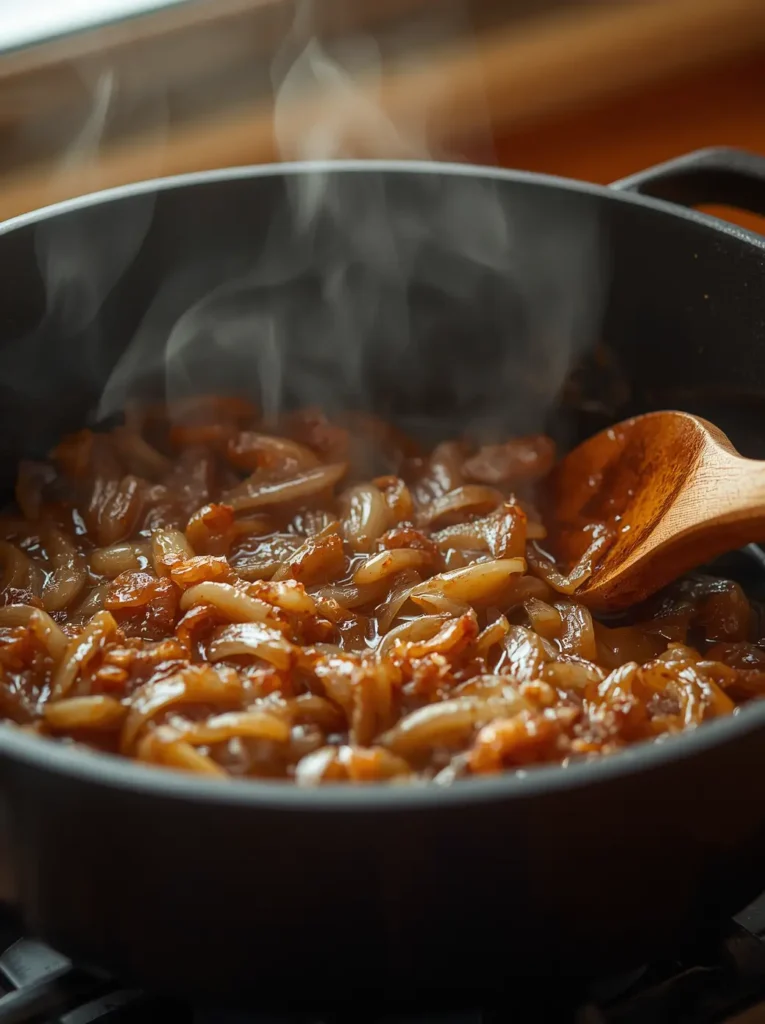 Keto French Onion Soup 3 Caramelized onions cooking in a Dutch oven for keto french onion soup