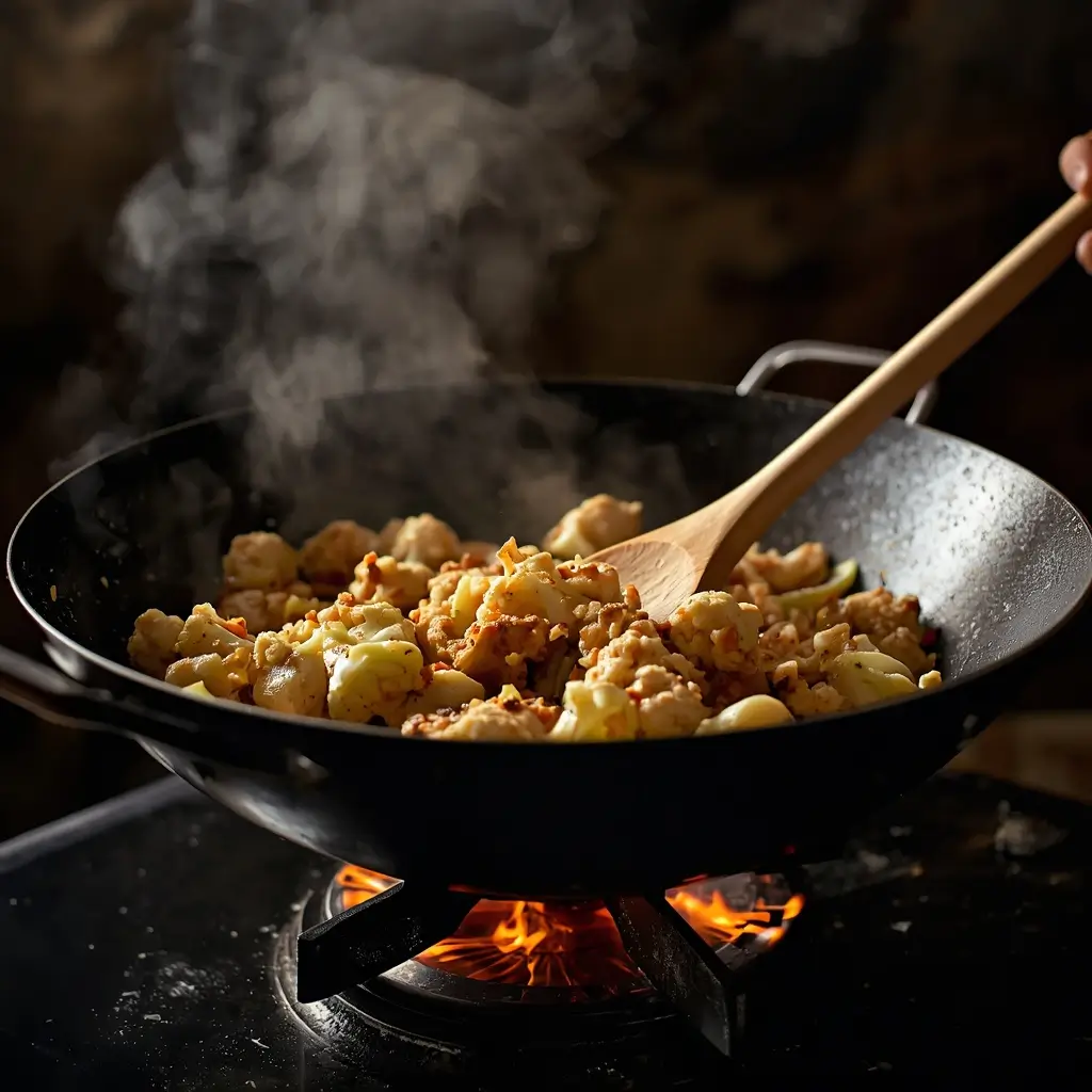 Cauliflower and chicken fried rice being stir-fried in a hot wok with steam rising