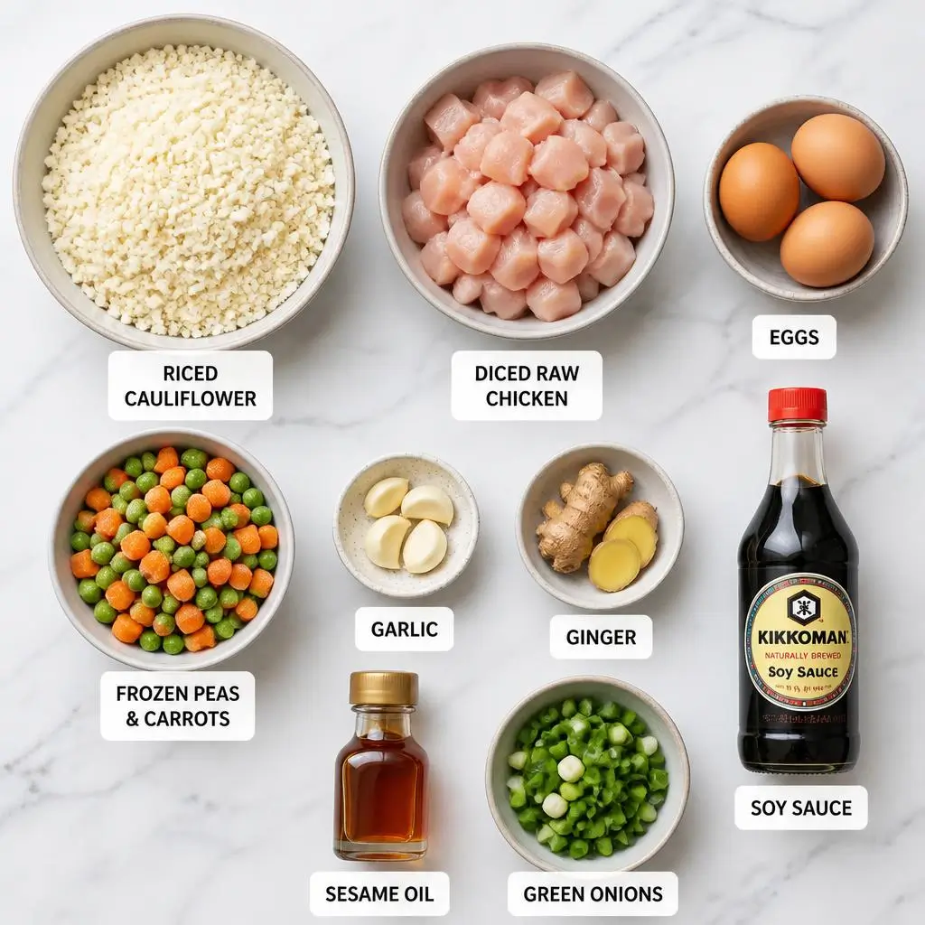 Ingredients for cauliflower chicken fried rice recipe including riced cauliflower, diced chicken, eggs, and vegetables