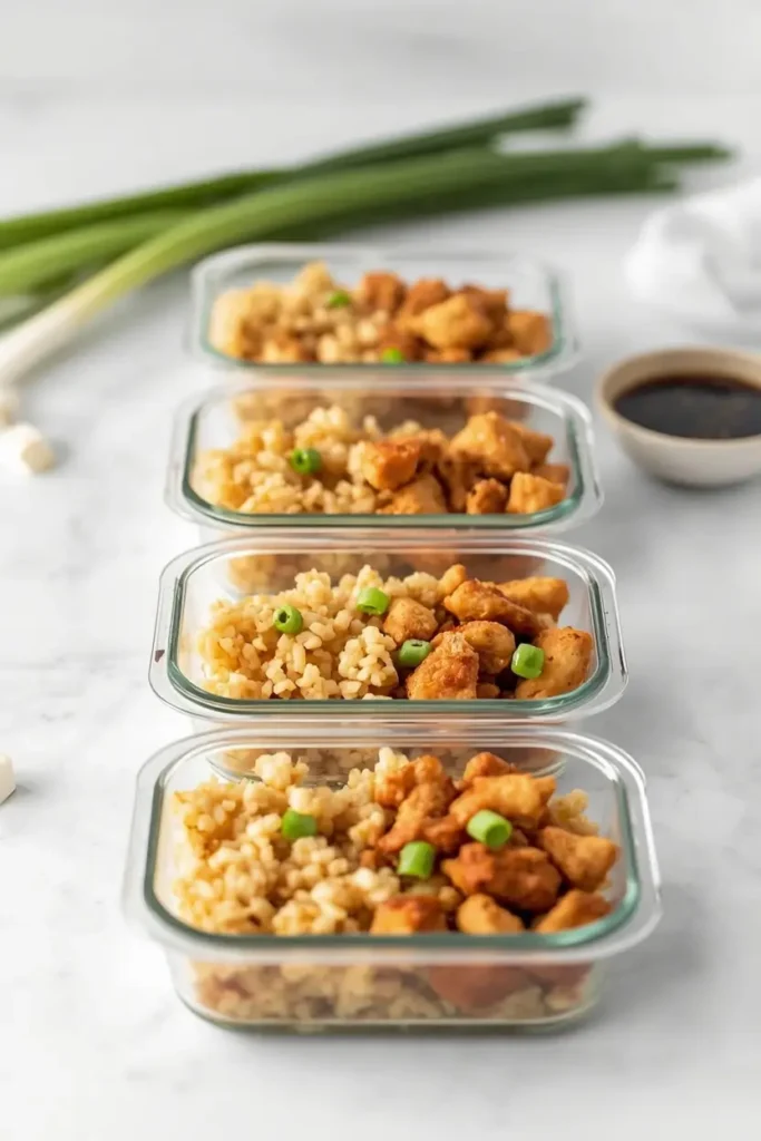 Four meal prep containers filled with cauliflower fried rice and chicken ready for the week