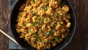 Cauliflower Fried Rice with Chicken Cauliflower fried rice with chicken in a skillet garnished with green onions and sesame seeds