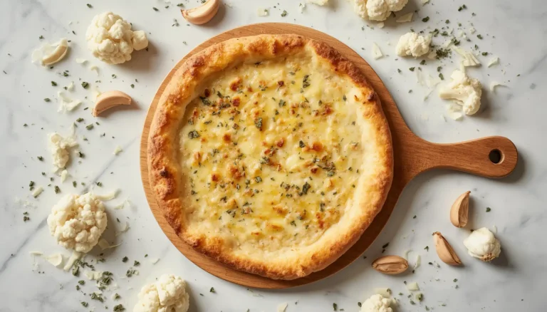 Freshly baked cauliflower pizza crust on a wooden board with cauliflower florets and mozzarella