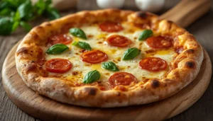 Chicken Crust Pizza Freshly baked chicken crust pizza topped with melted mozzarella and pepperoni on a rustic wooden board