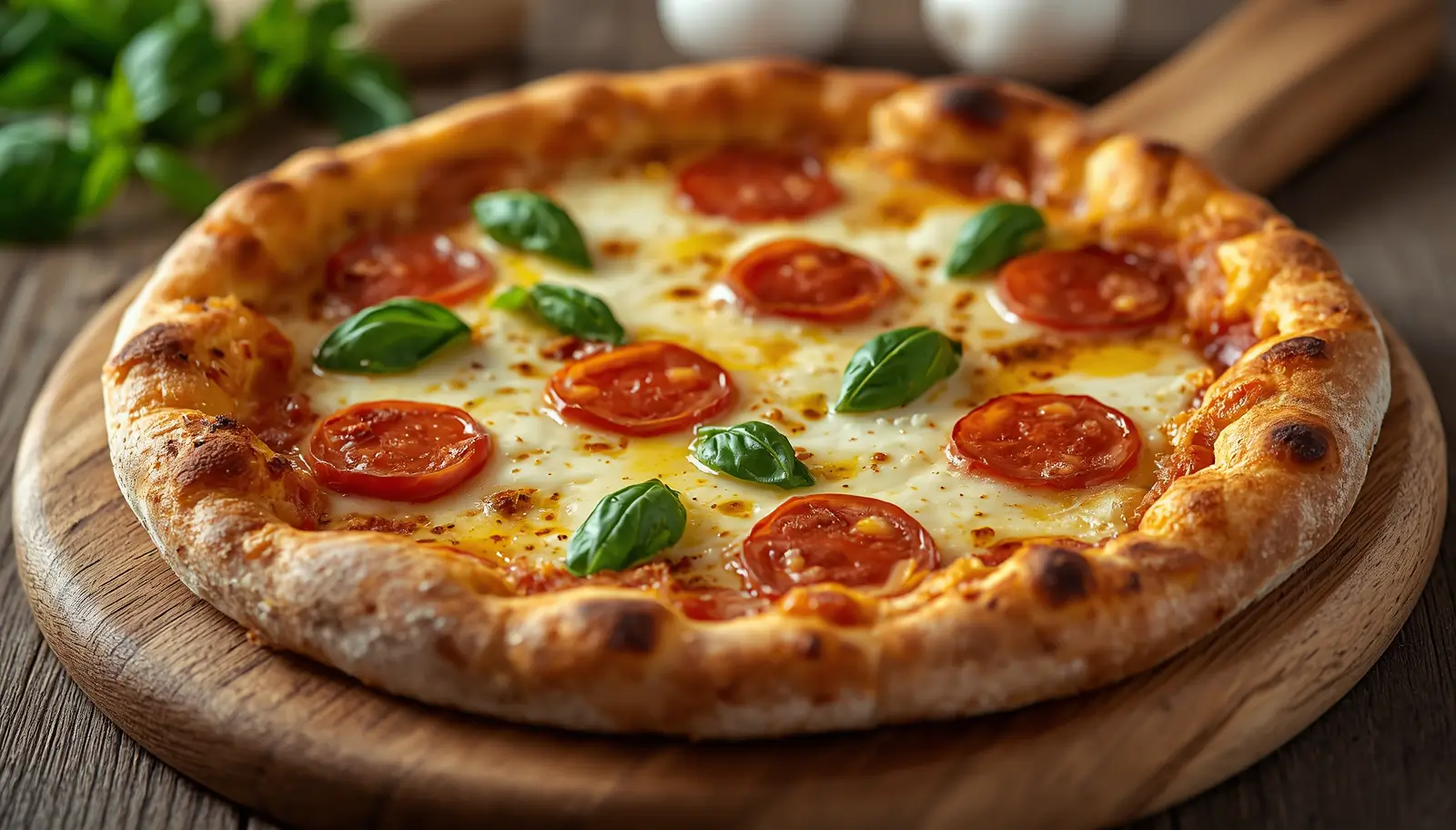Chicken Crust Pizza 1 Freshly baked chicken crust pizza topped with melted mozzarella and pepperoni on a rustic wooden board