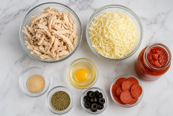 Chicken Crust Pizza 2 Flat lay of ingredients for chicken crust pizza including shredded chicken, egg, mozzarella, and seasonings