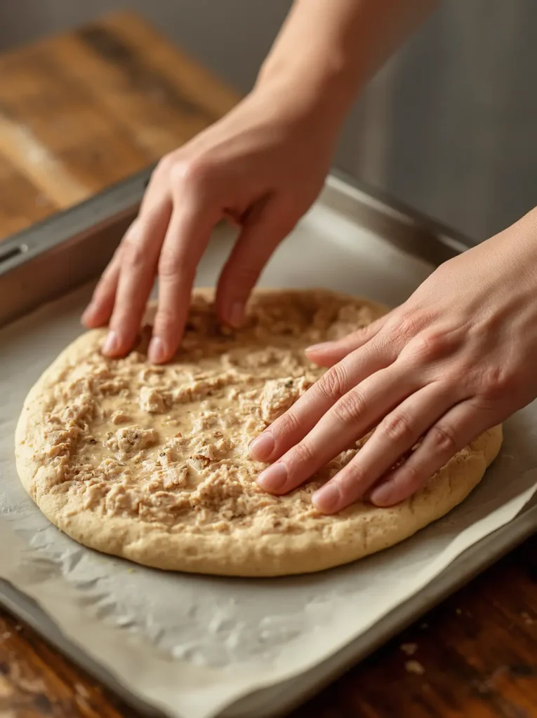 Chicken Crust Pizza 3 Hands pressing raw chicken pizza crust mixture onto a parchment-lined baking tray to form a round shape